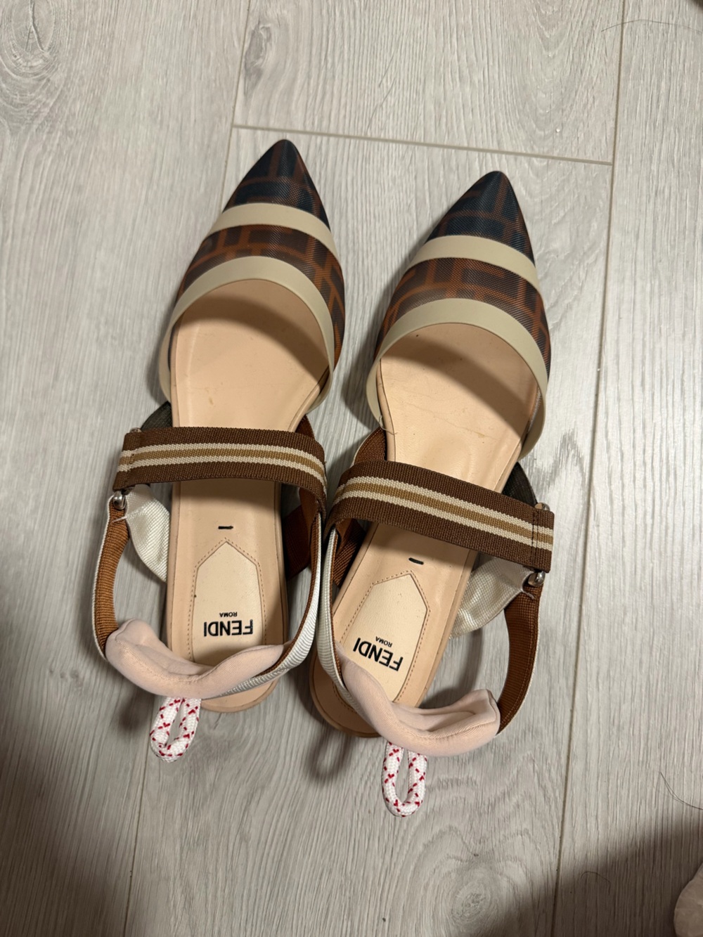 Fendi Brown & Cream Pointed Toe Slingback Flats with Striped Elastic